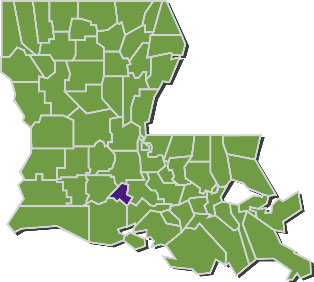 Map of Louisiana parishes with Lafayette parish highlighted in purple.